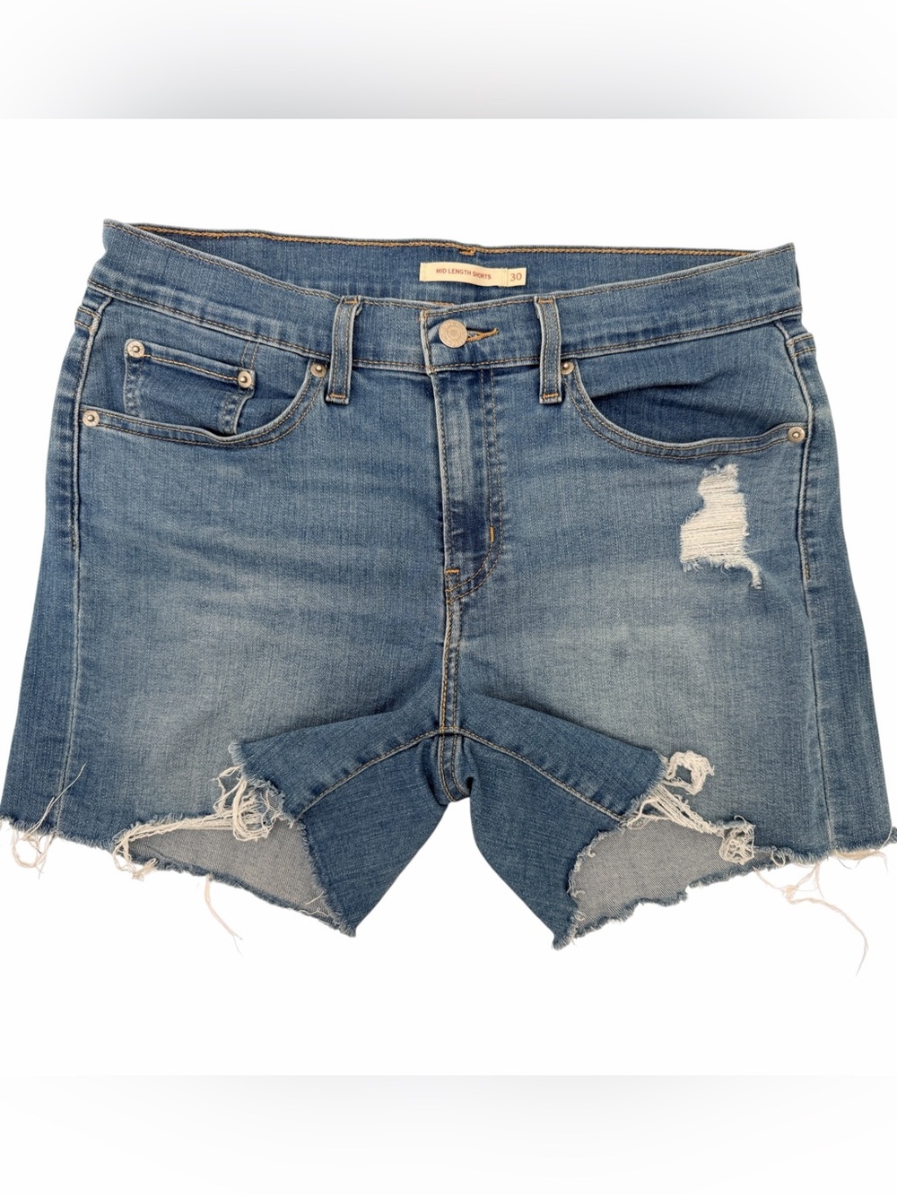 Levi's Women's Mid Length Distressed Denim Shorts 30